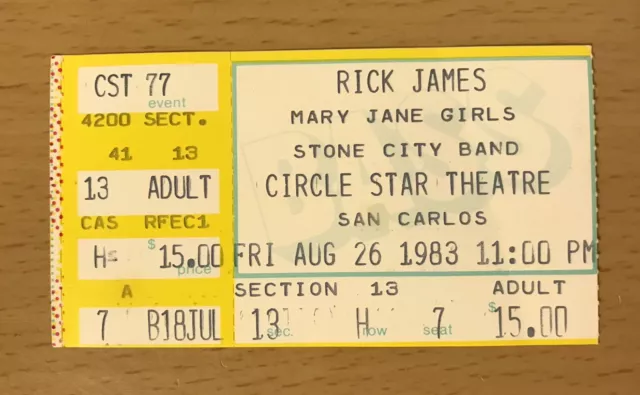 1983 Rick James / Mary Jane Girls San Carlos Concert Ticket Stub Superfreak I'm