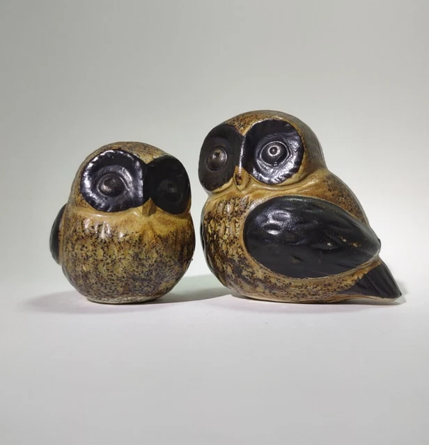 Pair of Vintage Ceramic Mid Century MCM Owl Figurines Matte Brown Glaze 2.5"
