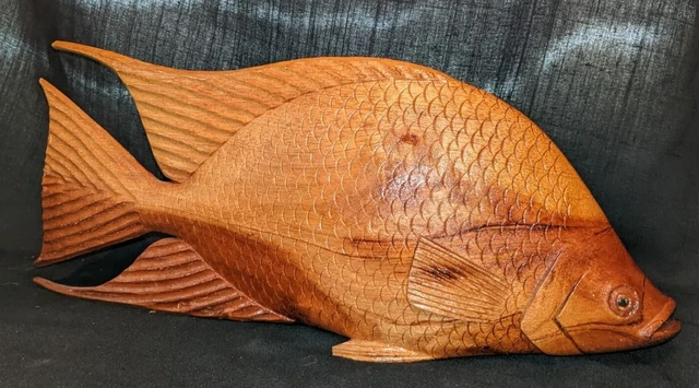 CARVED WOOD Snook? FISH ART SCULPTURE Statue Large 16" Tiki Bar Beach VINTAGE