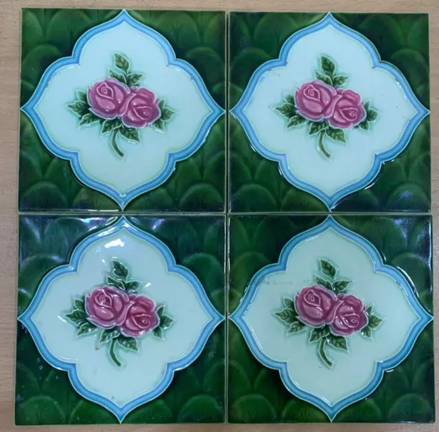 Japan 4 Pcs Majolica Tiles Green Rare Vintage Antique Ceramic Collectible 1930S