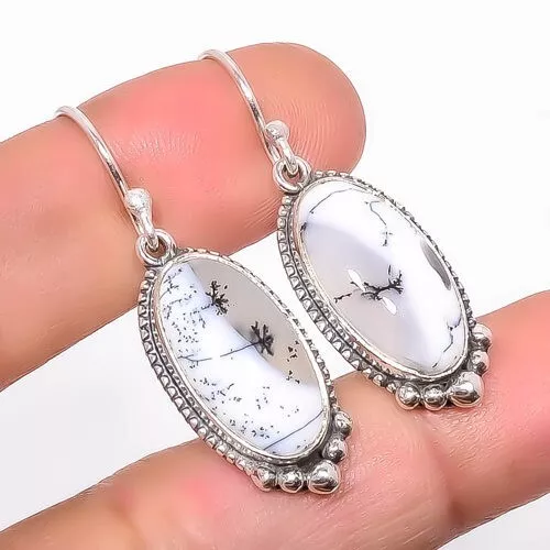 Natürlicher Dendrit Opal Ohrringe 925 massiv Sterlingsilber Schmuck für Mädchen 1,56 Zoll