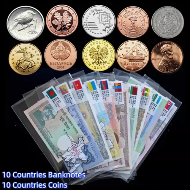 10pcs World Currency UNC Banknotes + 10pcs World Coins Set Different Countries