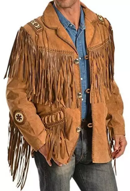 Men's Native American Western Cowboy Suede Leather Jacket Fringes & Beaded