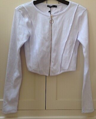 BNWT Nasty Gal Off White Fine Ribbed Zip Front Long Sleeve Crop Top, UK Size 14