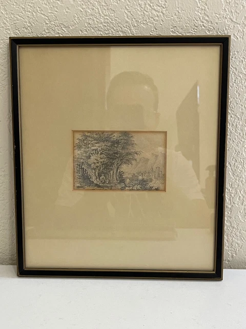 Antico Matita Disegno Di 2 Figure IN Landscape Con Alberi & Edifici
