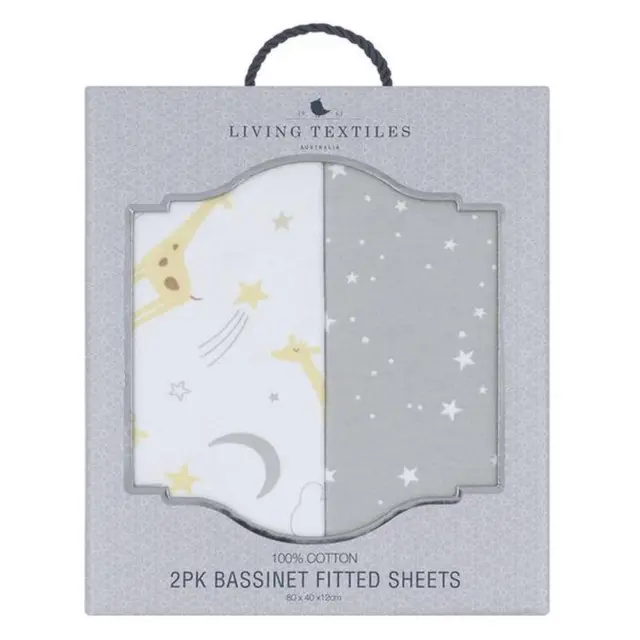 Living Textiles Jersey Bassinet Fitted Sheet, 2 Pack (Noah/Grey Stars) - 80x40x1