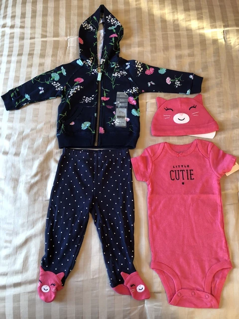 Carters Baby Girl 4 Piece Set Pink Navy Size 6 Months Hoodie Pants Bodysuit Hat