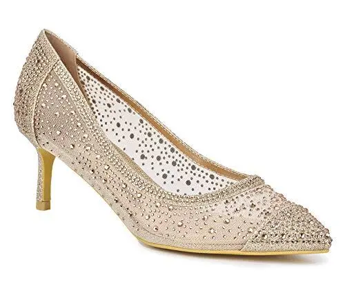 Womens Rose Gold Champagne  Mid Heel Mesh Diamante Glitter Slip On Court Shoes