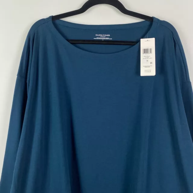 Eileen Fisher Bateau Neck Tunic Top Size 1X Blue Pockets Organic Cotton Stretch 2