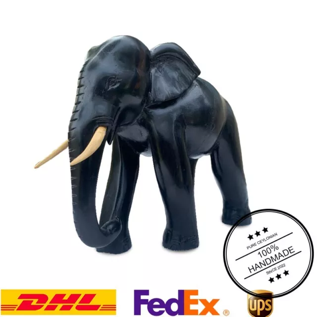 Elephant Wood  Sculpture Carved Hand Ceylon Figurine Statue Vintage Decor Trunk