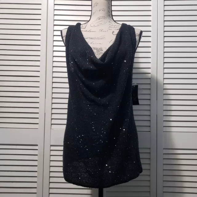 INC International Concepts Cowl Neck Knit Tank Top Women's Medium Black Sequins