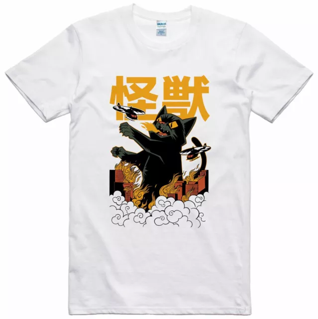 Divertente da Uomo T-Shirt Kaiju Gatto Design Rétro Regular 100% Cotone Tee