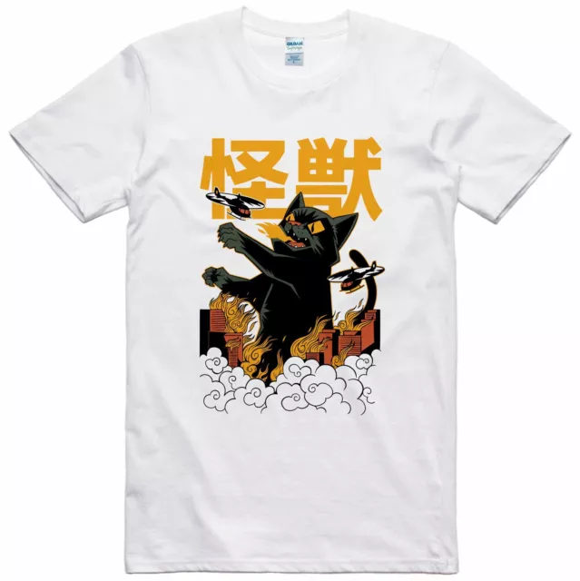 Mens Funny T-Shirt Kaiju Cat Retro Design Regular Fit 100% Cotton Tee