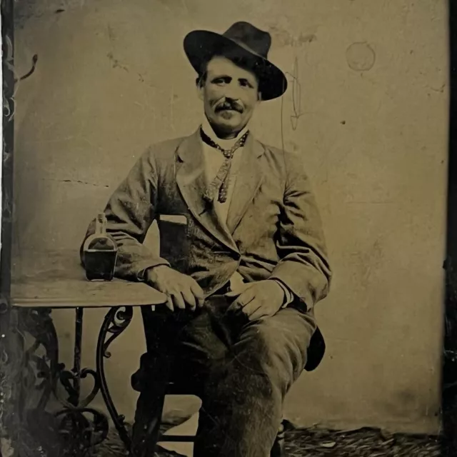 Antique Tintype Photograph Charming Handsome Man Cowboy Hat Mustache Whiskey