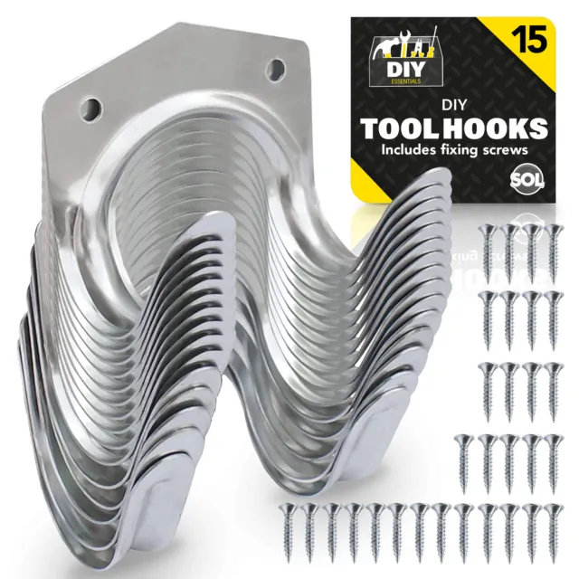 15pk Tool Hooks & Screws | Garage Garden Shed Wall Bike Hanging Storage Utility