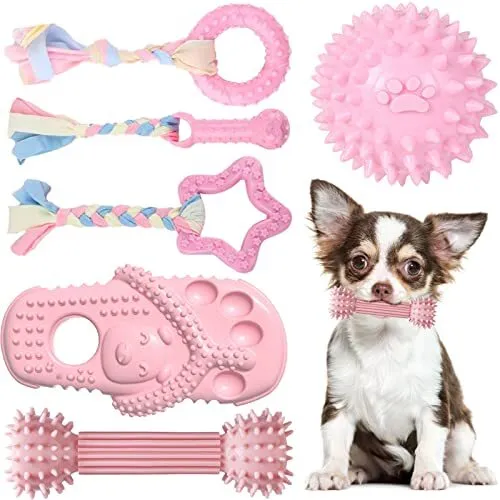 SoSoCute Pink Dog Gift Box - Puppy Chew Toy Set of 5 - Puppy Care Package with Dog Blanket Squeaky Plush Rubber Puppy Teether TE