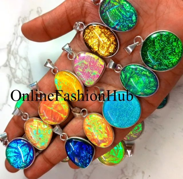 Dichroic Glass Gemstone 925 Sterling Silver Plated Bezel Wholesale Lot Pendants