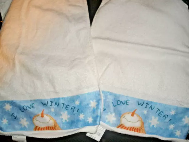 Lot of 2 Blonder Home Accents I Love Winter Hand Towels Snowman EUC (SU61A)
