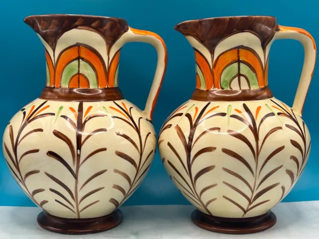 Pair of 30s Art Deco Jug Vase Hand Painted England Myott Pitcher