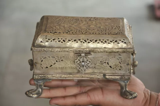 Old Brass 14 Compartment Handcrafted Fine Jali Cut Engraved Betel Nut Box