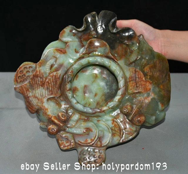12" Rare Good Chinese Xiu Jade Carving Fengshui Lotus Fish Pot Brush washer