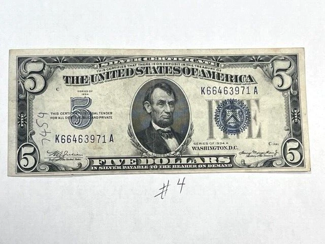 1934 A 5 Five Dollar Note Bill Silver Certificate Blue Seal