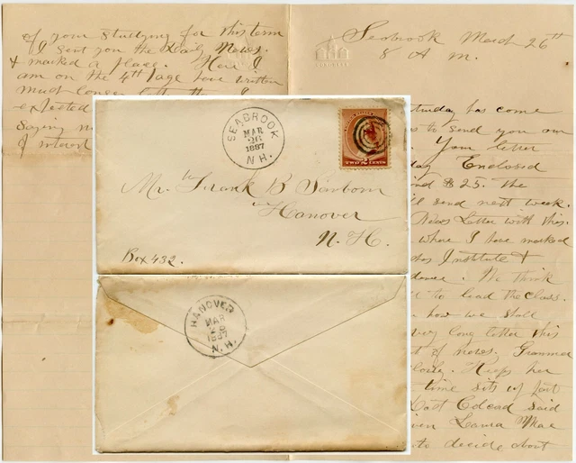 USA 1887 CONGRESS EMBOSSED NOTEPAPER LETTER SEABROOK to HANOVER NEW HAMPSHIRE