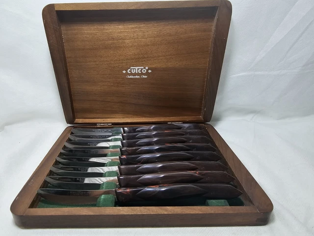 VTG Cutco 1759 Steak Knives Set of 8 Brown/Orange Marbled Handles Wood Box