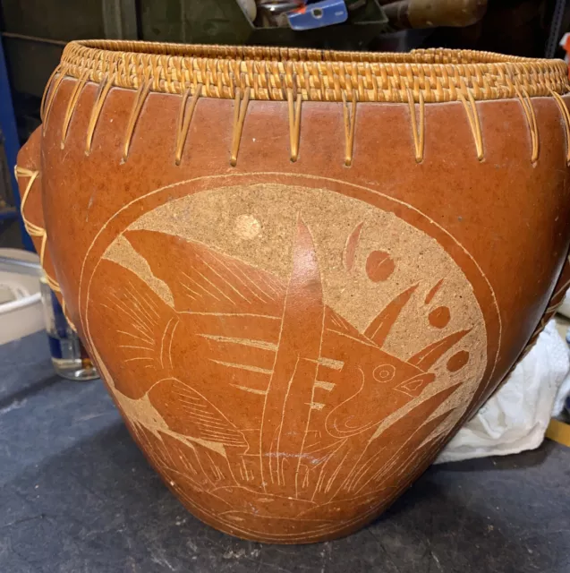 Large Vintage Terracotta & Woven Rattan Vase HandEtched Fish Oval Shape Trashcan
