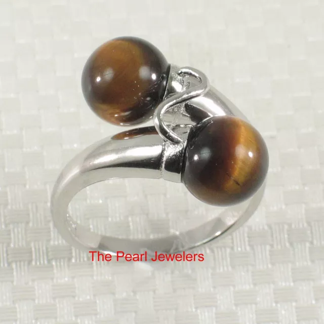 Solid Silver .925 Rhodium Plated Twin Genuine Tiger-eye Gemstone Cocktail Ring