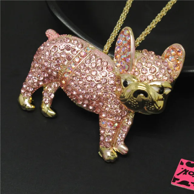 Betsey Johnson Pink Rhinestone Bling Cute Pug Dog Crystal Pendant Chain Necklace 3