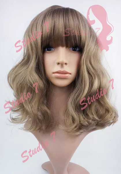 W153 Dark Blonde Mid Length Wavy Straight Fringe Sythetic Wig - studio7-uk