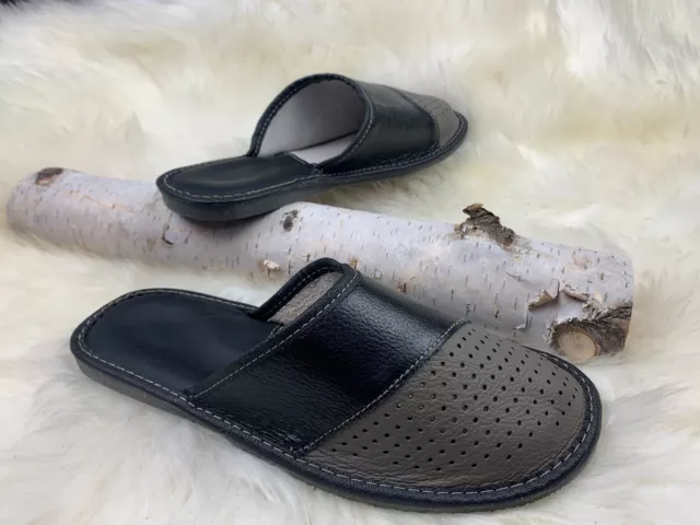 Men Slippers Natural Leather Flat Close Toe Slides