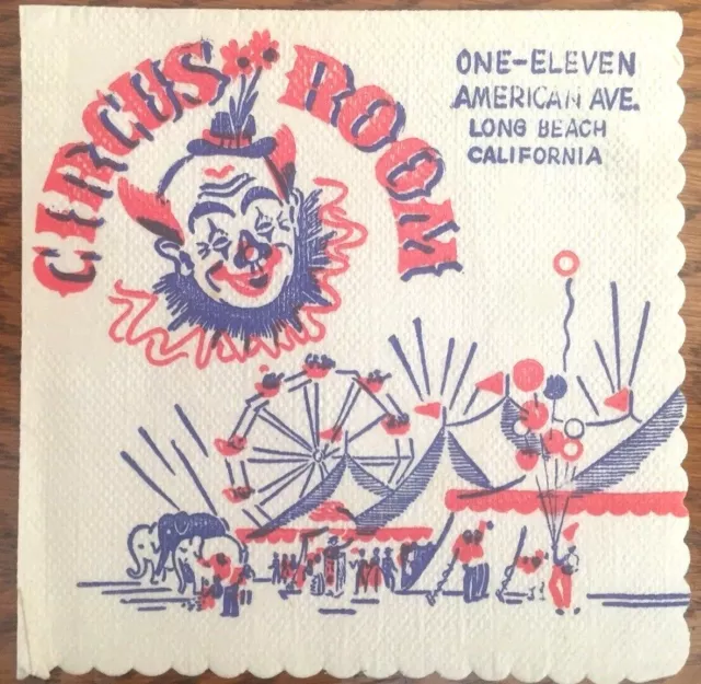 Vintage Americana Bar Napkin Circus Room Long Beach California 1950’s Clown Art