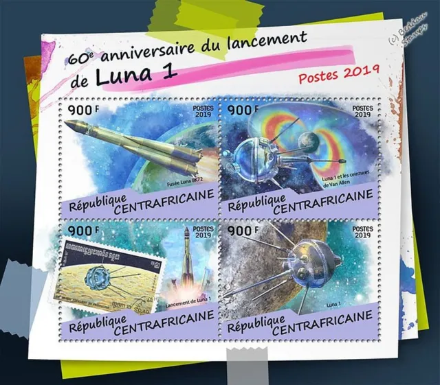 1959 LUNA 1 Mechta Russian Moon Spacecraft Space Stamp Sheet 2019 Central Africa