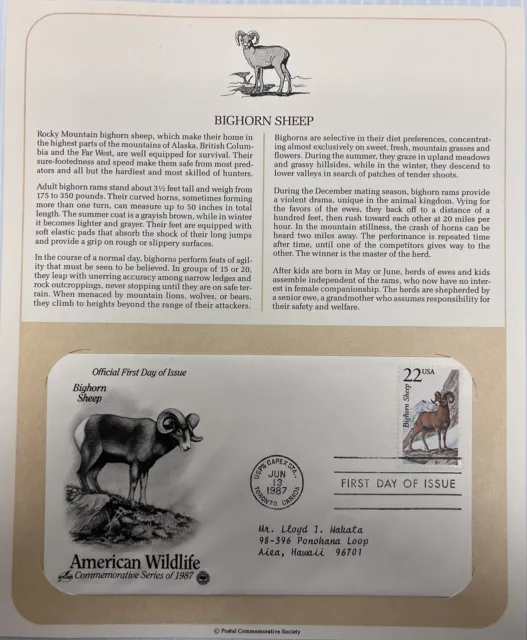 American Wildlife Mail Cover FDC & Info Sheet Big Horn Sheep 1987
