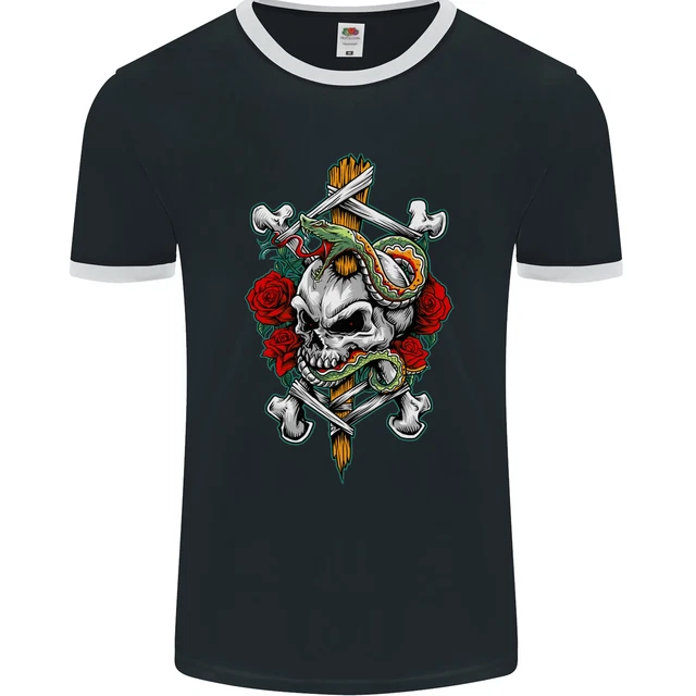 T-shirt da uomo Skull and Snake Biker heavy metal gotico fotol