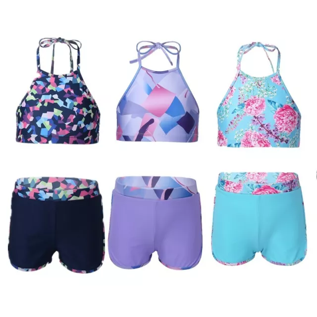 2Pcs Kid Girl Yoga Shorts Set Sports Crop Tops Dance Slim Pants Workout Swimwear