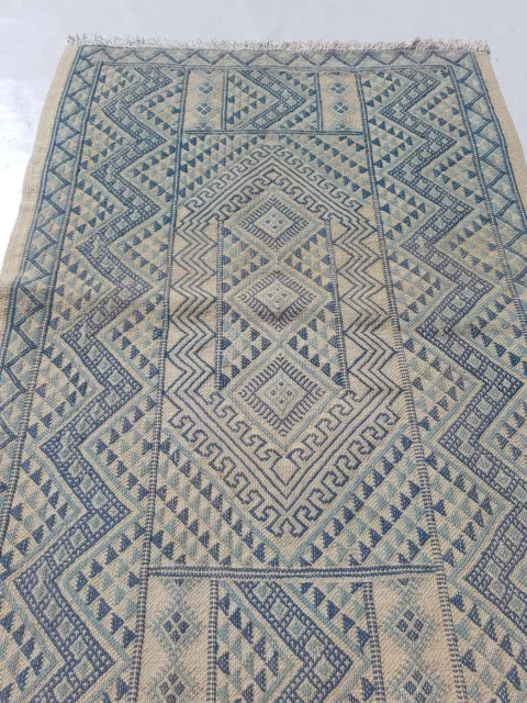 Fine Vintage Traditional Hand Made Oriental Wool Blue Kilim 3.7x2.7ft