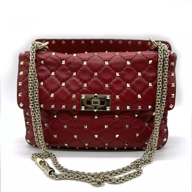 Auth Valentino Garavani Rockstud Handbag Shoulder Bag Red/Gold Leather - z0296