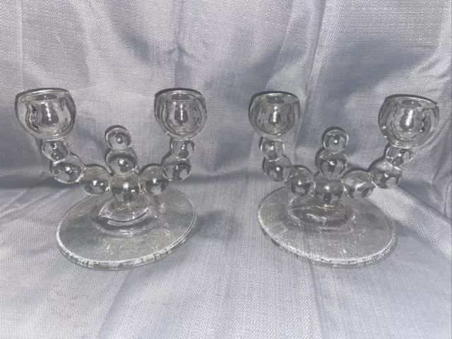 Pair Vintage Paden City Crystal NINE BALL Double Candle Holders w/ Etched Base