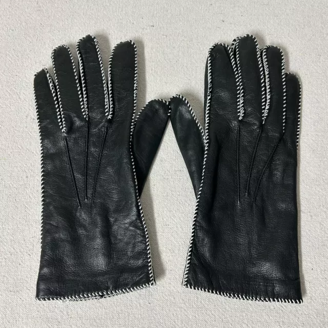 Grandoe Black Leather Gloves with White Stitching Women’s Size Large Lined