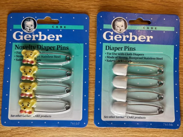 (2 Pkgs) 8 Total - 1991 Vintage Baby Gerber Novelty  Diaper Pins White & Bear