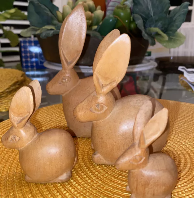 Hand Carved Wood Rabbit Family Collection 1950 Ish