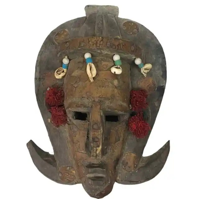 Old African Mali Tribal Mask Ivory CoastWood, Brass, Shell