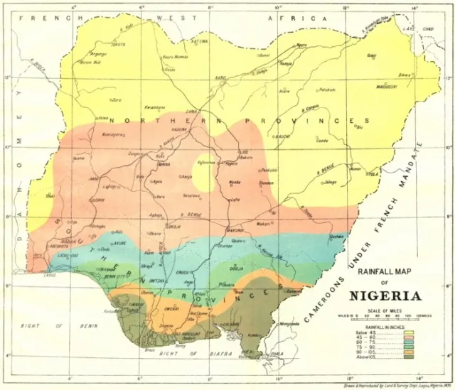 NIGERIA. Rainfall Map of Nigeria 1936 old vintage plan chart