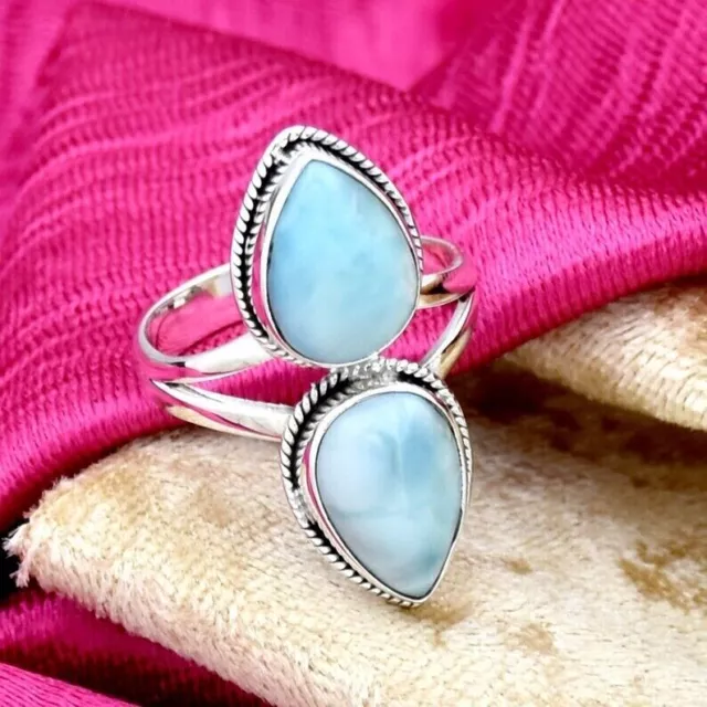 Naturel Dominicaine Larimar Bague Deux Pierre Bague 925 Argent Sterling Mariage