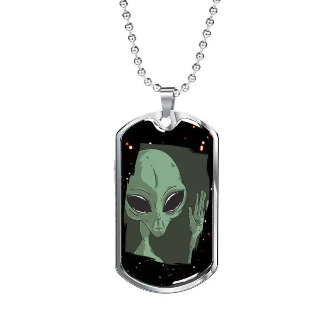 Sad Alien Waving Necklace UFO Alien Fan Gift Stainless Steel or 18k Gold Dog Tag