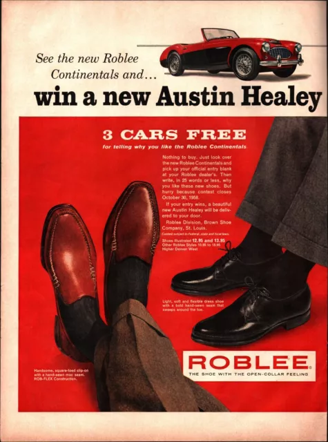 1958 Roblee Men's Shoes Fashion Vintage Print Ad Austin Healy Car Auto Sport USA