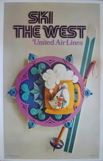 UNITED AIRLINES SKI THE WEST Vintage Travel poster 1972 25x40 NM LINEN BACKED